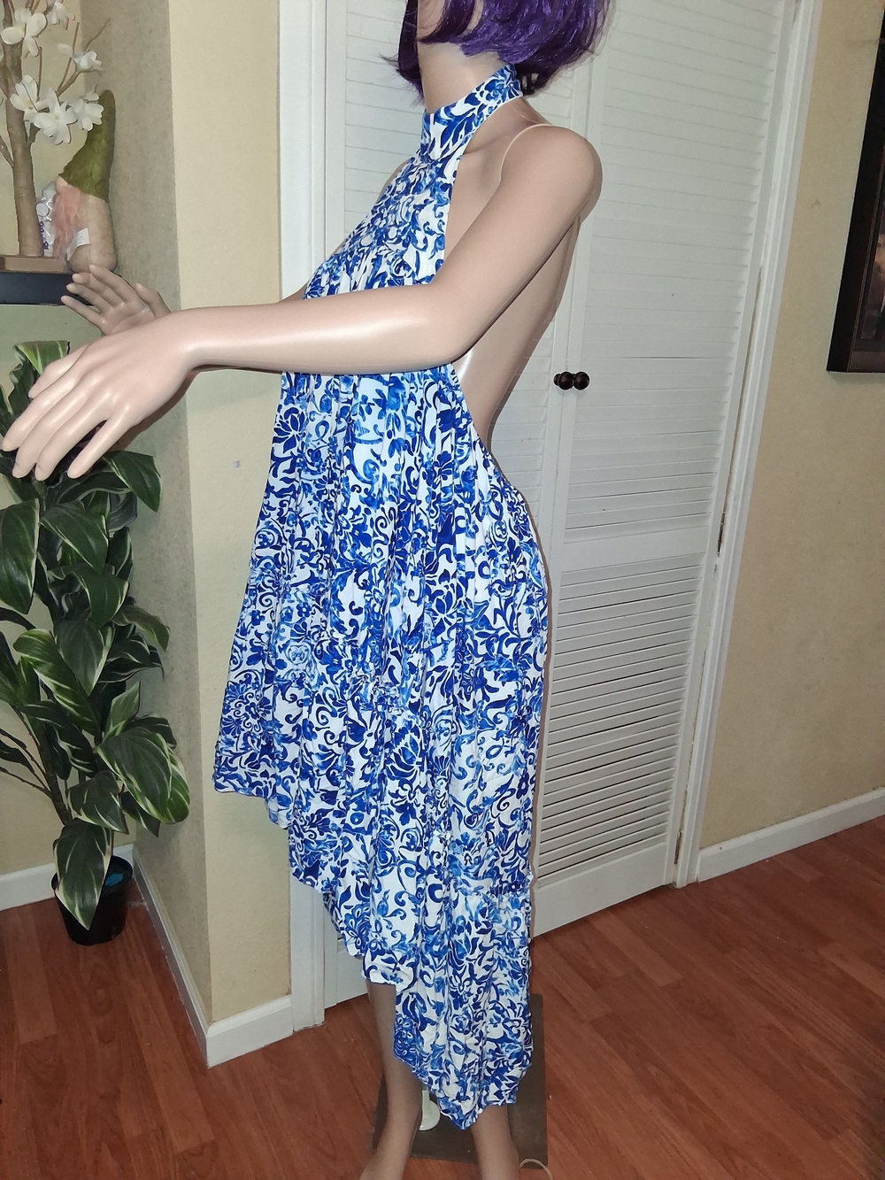 OLIVACEOUS ✧ Blue & White Toile Halter Dress ✧ High-Low Maxi ✧ M